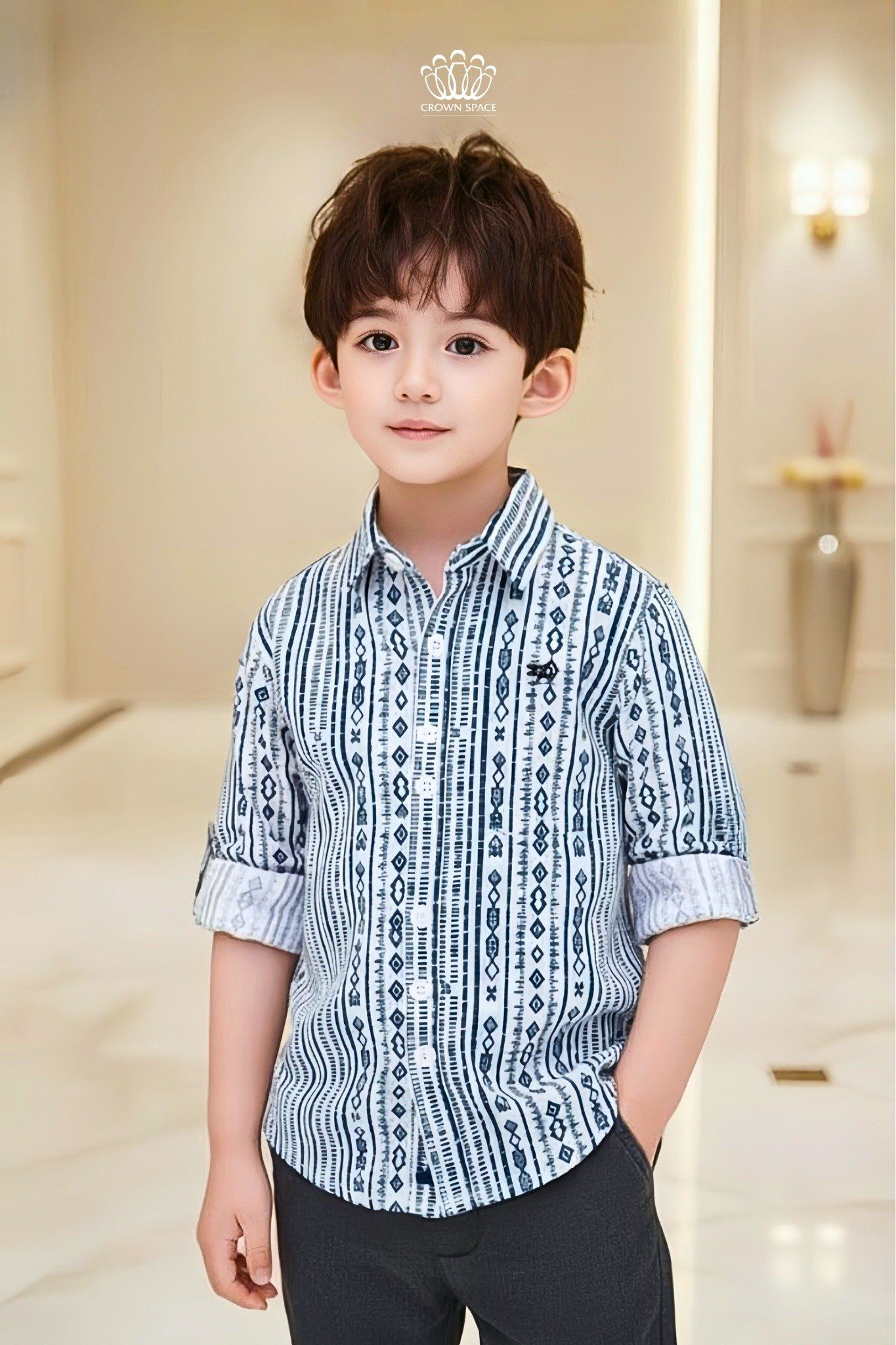  [Xả kho-Miễn Đổi Trả] Áo Sơ Mi Bé Trai Họa Tiết Kẻ Đen Navy Tinh Tế, Thanh Lịch Crown Space CKBL52514018 