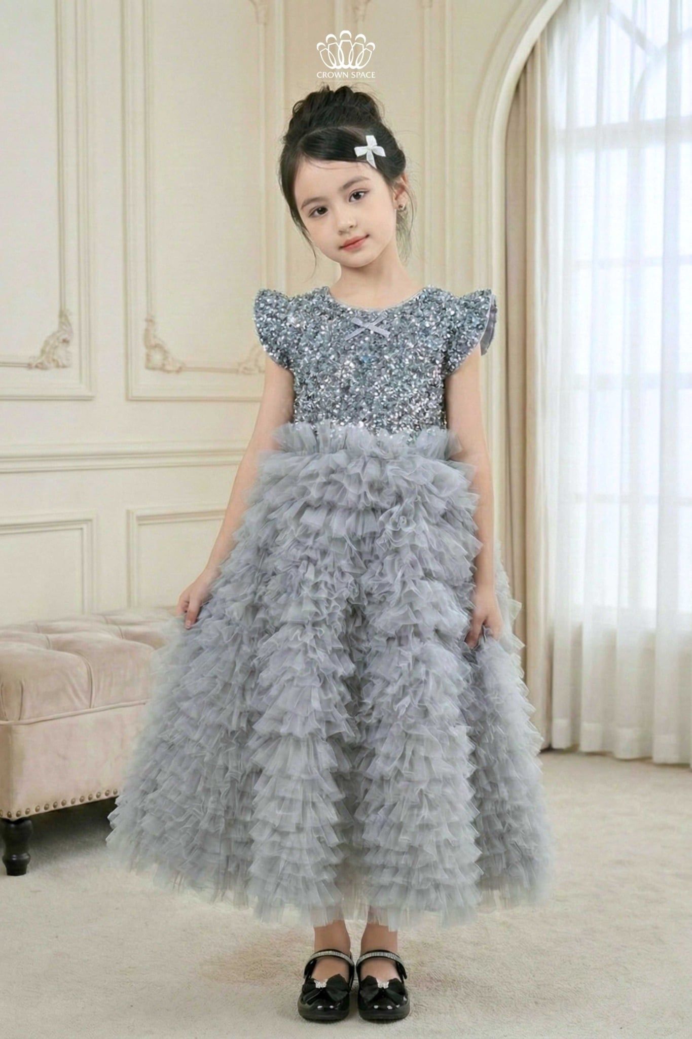  Váy Công Chúa Dạ Hội Kim Sa Xám Bạc Tay Cánh Tiên Lộng Lẫy | Crown Space CKGS6851601 