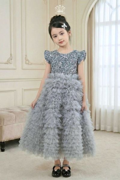  Váy Công Chúa Dạ Hội Kim Sa Xám Bạc Tay Cánh Tiên Lộng Lẫy | Crown Space CKGS6851601 