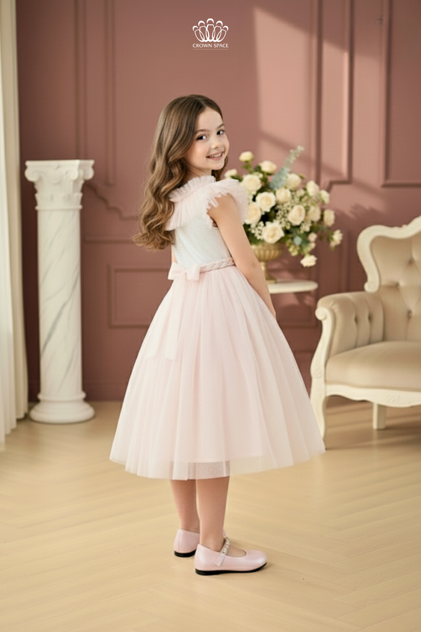  Váy Công Chúa Bé Gái Dáng Dài Voan Xoè Hồng Cam Pastel Crown Space CKGS3851408 