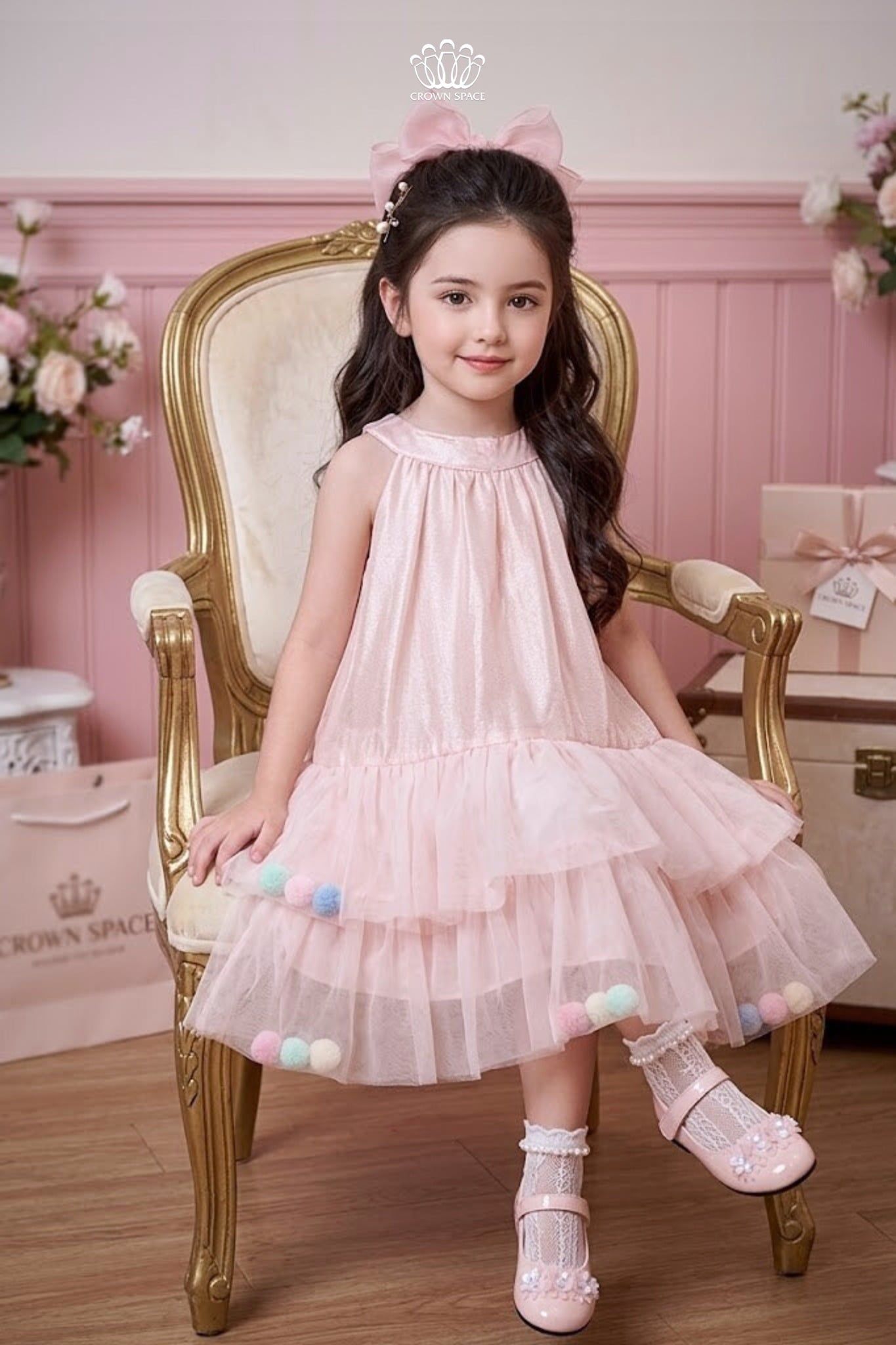  Váy Bé Gái Hồng Tulle Pom Pom Crown Space – Váy Công Chúa Dễ Thương CKGS3860202 