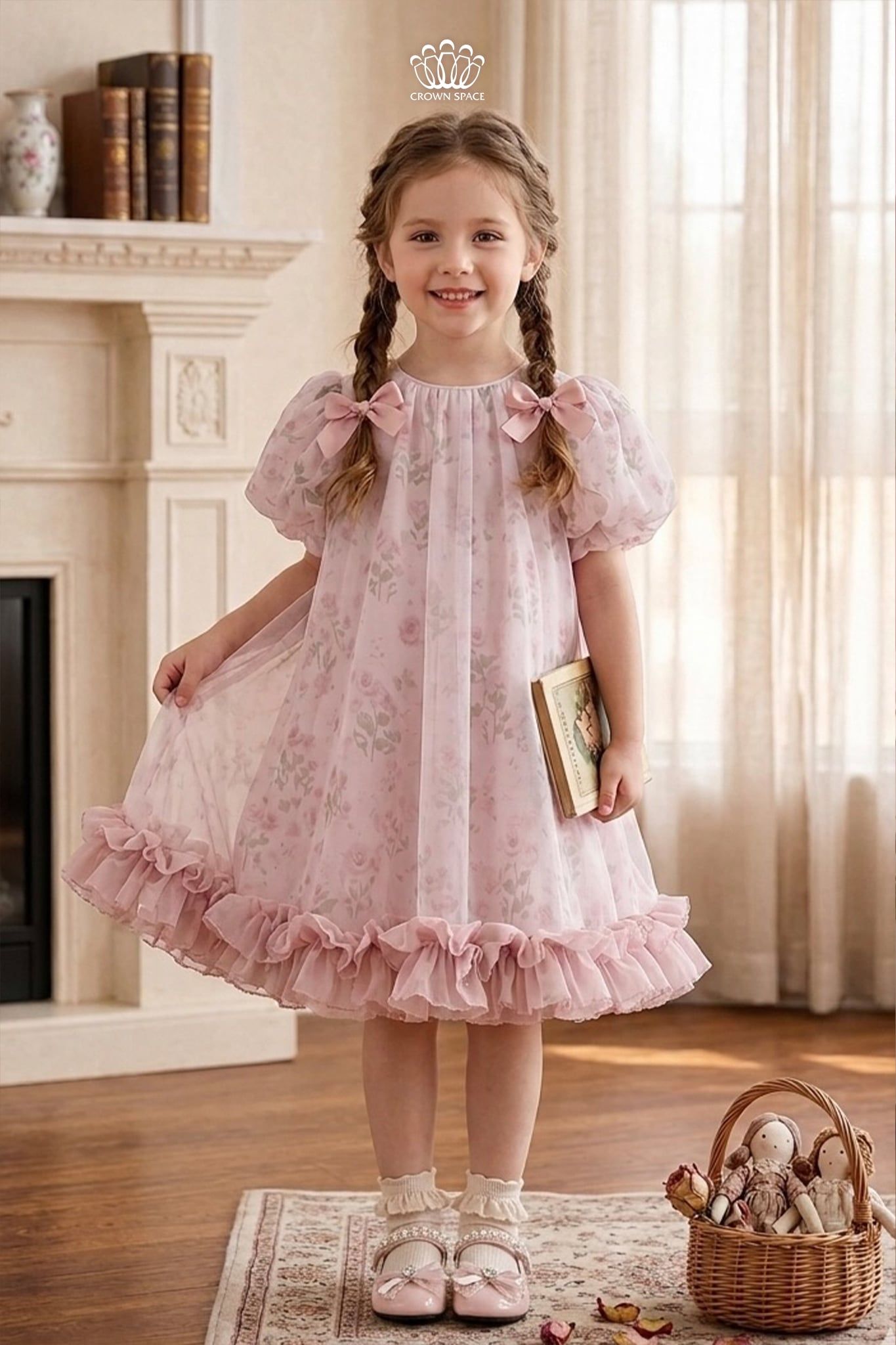  Váy Bé Gái Voan Tơ Họa Tiết Hoa Tay Bồng Cổ Điển – Crown Space CKGS3860502 
