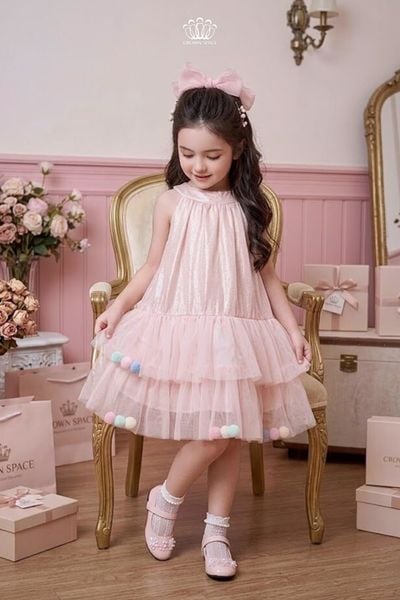  Váy Bé Gái Hồng Tulle Pom Pom Crown Space – Váy Công Chúa Dễ Thương CKGS3860202 