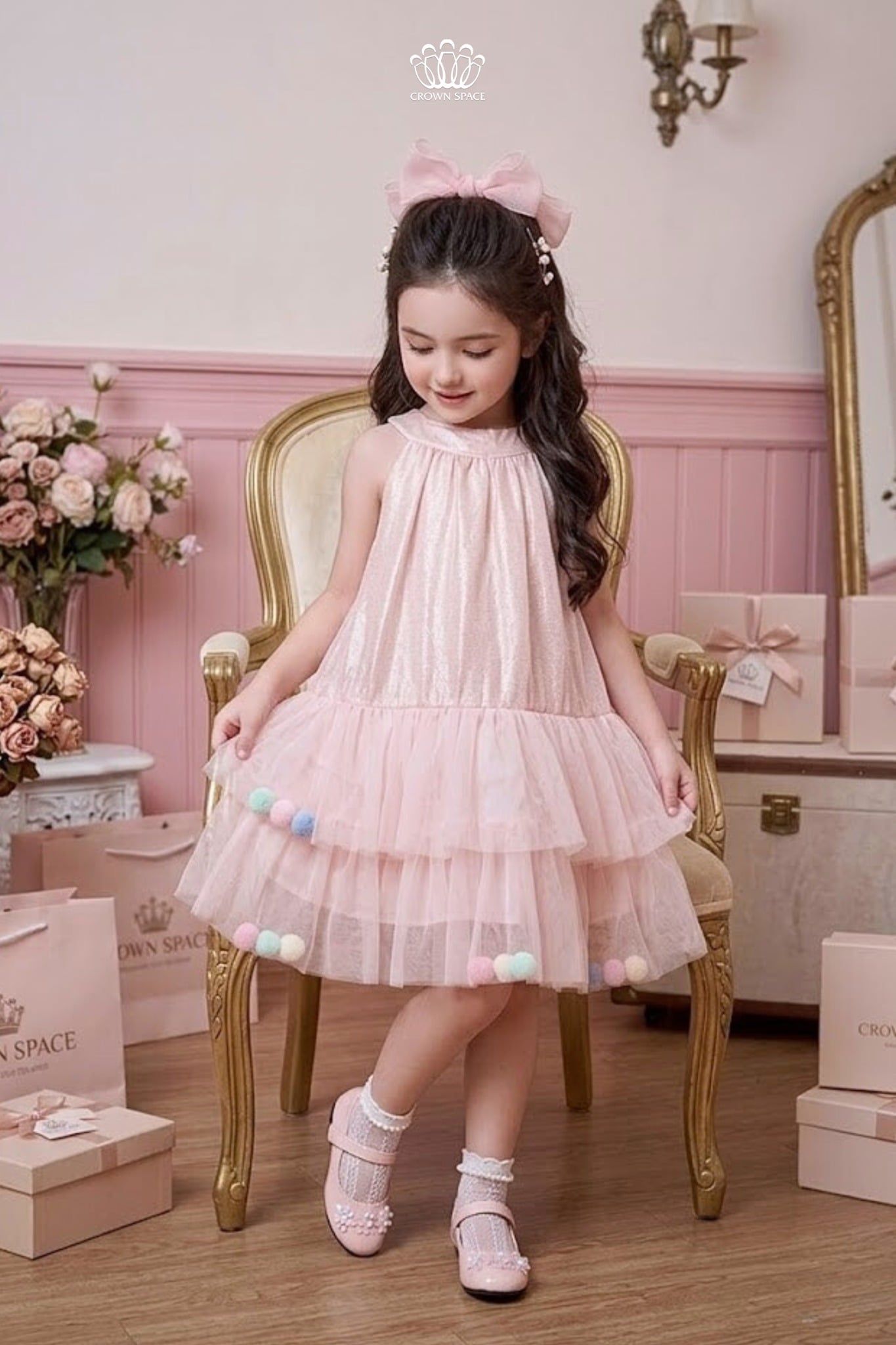  Váy Bé Gái Hồng Tulle Pom Pom Crown Space – Váy Công Chúa Dễ Thương CKGS3860202 
