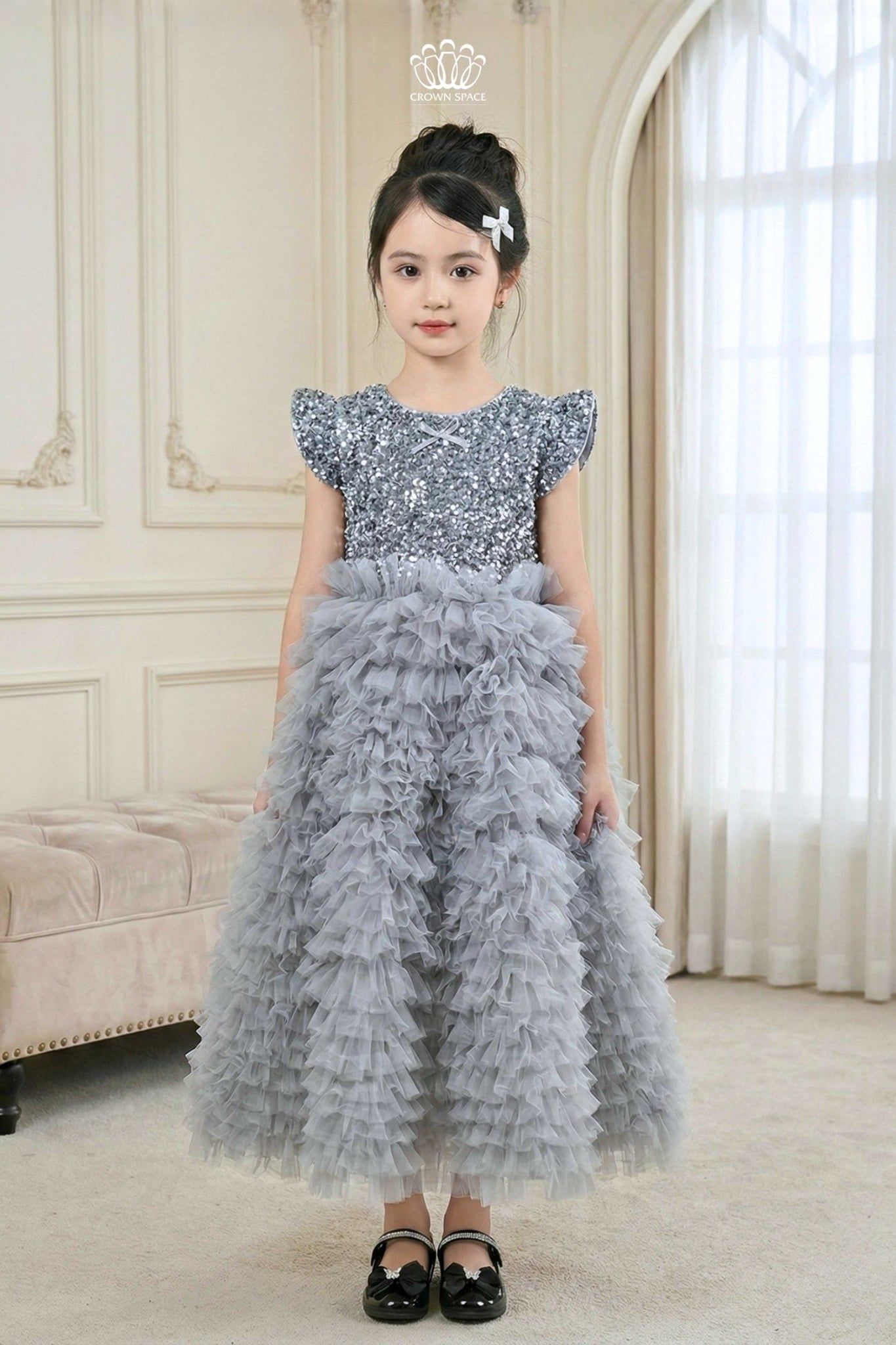  Váy Công Chúa Dạ Hội Kim Sa Xám Bạc Tay Cánh Tiên Lộng Lẫy | Crown Space CKGS6851601 