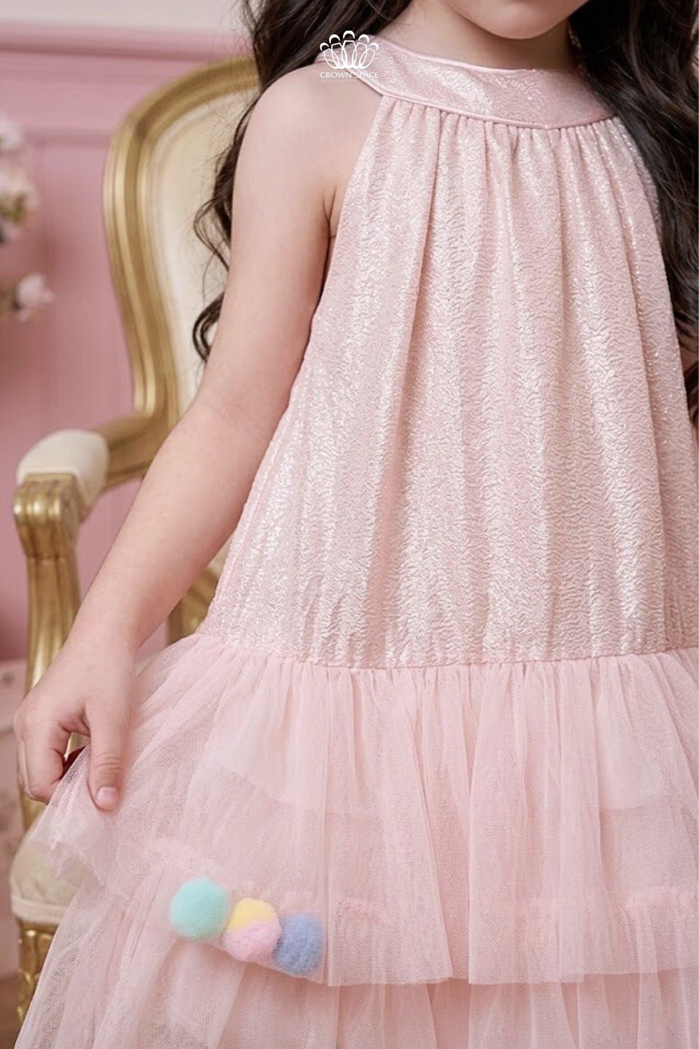  Váy Bé Gái Hồng Tulle Pom Pom Crown Space – Váy Công Chúa Dễ Thương CKGS3860202 