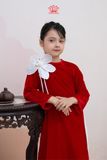  Áo Dài Bé Gái Nhung Phúc Lành Đỏ Hoa Nắng Phối Họa Tiết Đính Kết Thủ Công | Crown Space CKGL9961802 