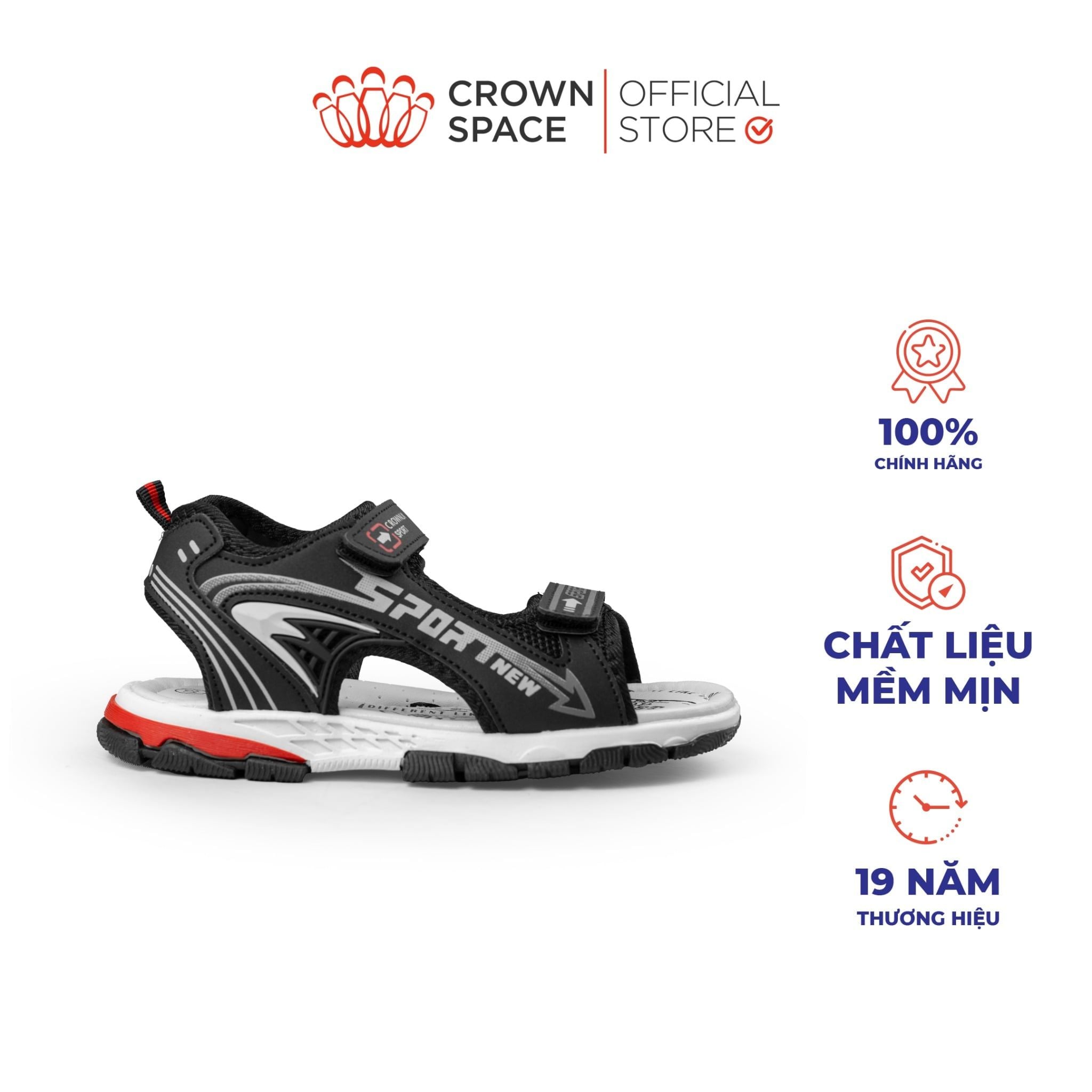  Sandal Thể Thao Bé Trai Chống Trượt, Bền Bỉ, Đen Cá Tính | Crown Space CRUK586.BK 