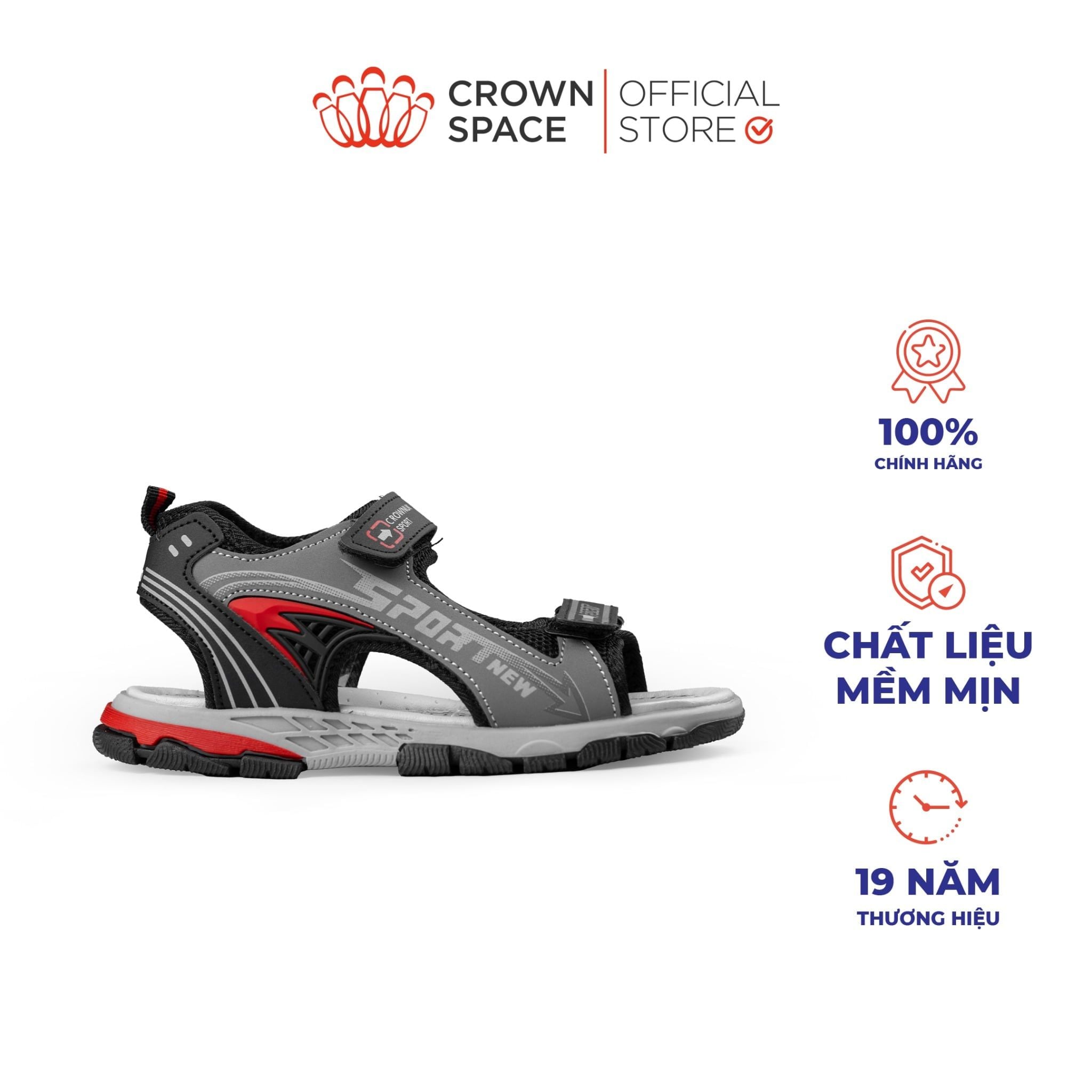  Sandal Thể Thao Bé Trai Chống Trượt, Bền Bỉ, Xám Đỏ Phá Cách | Crown Space CRUK586.GY 