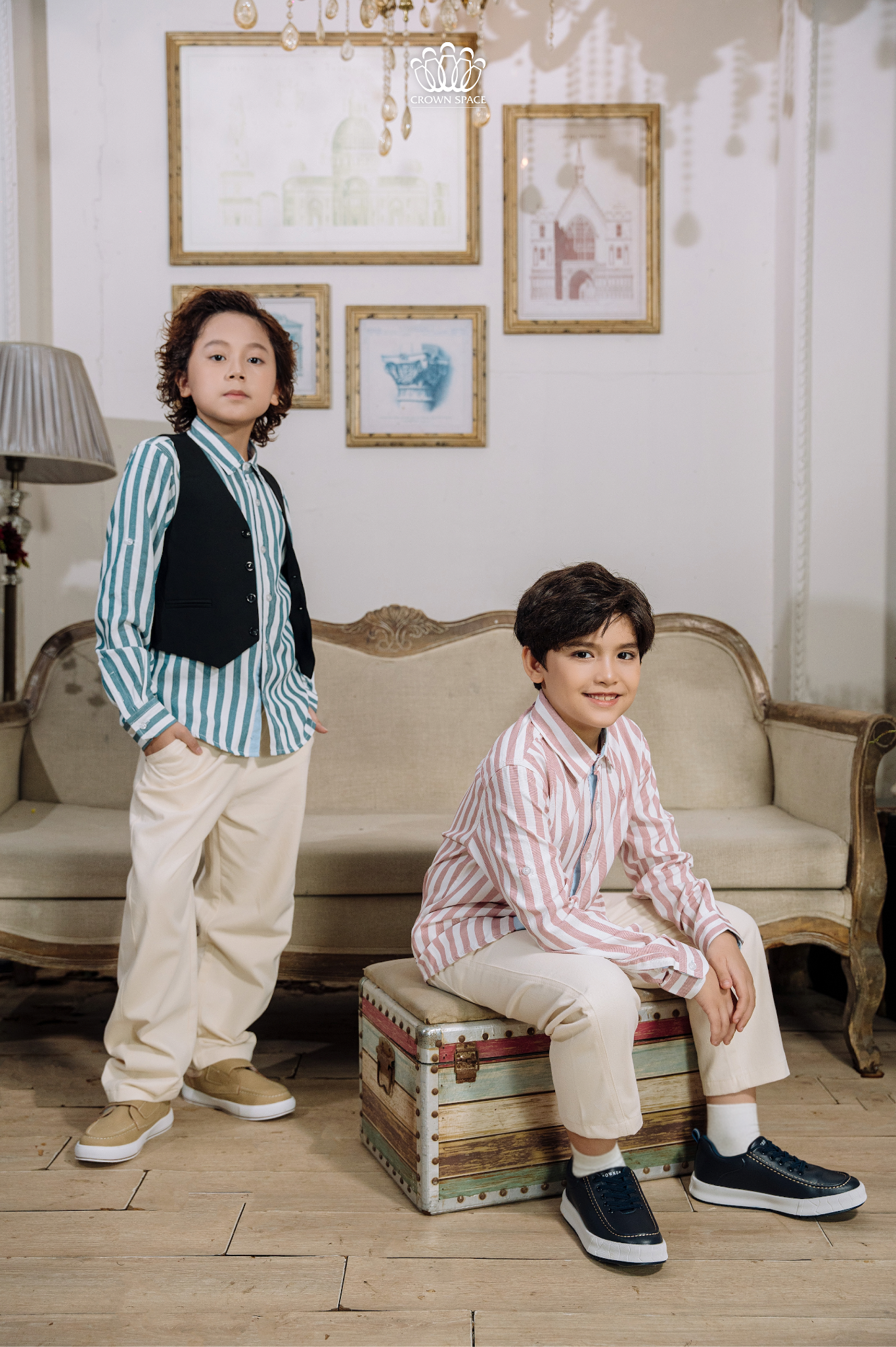  Áo Sơ Mi Bé Trai Cao Cấp Dài Tay Kẻ Sọc Crown Space CKBL52514014 