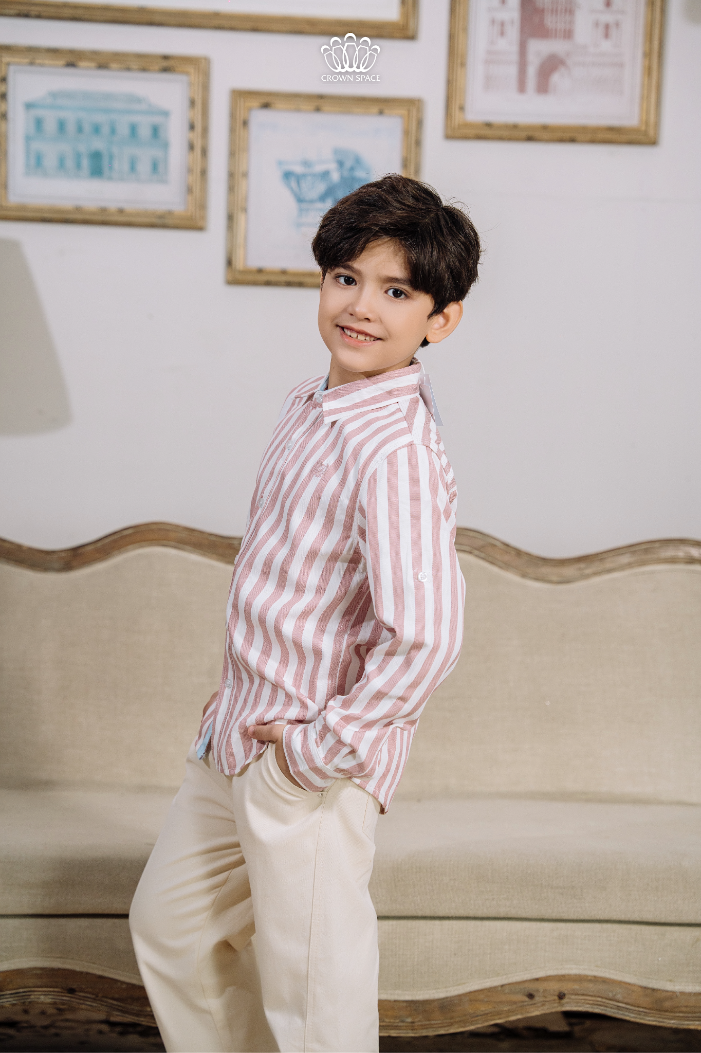  Áo Sơ Mi Bé Trai Cao Cấp Dài Tay Kẻ Sọc Crown Space CKBL52514014 