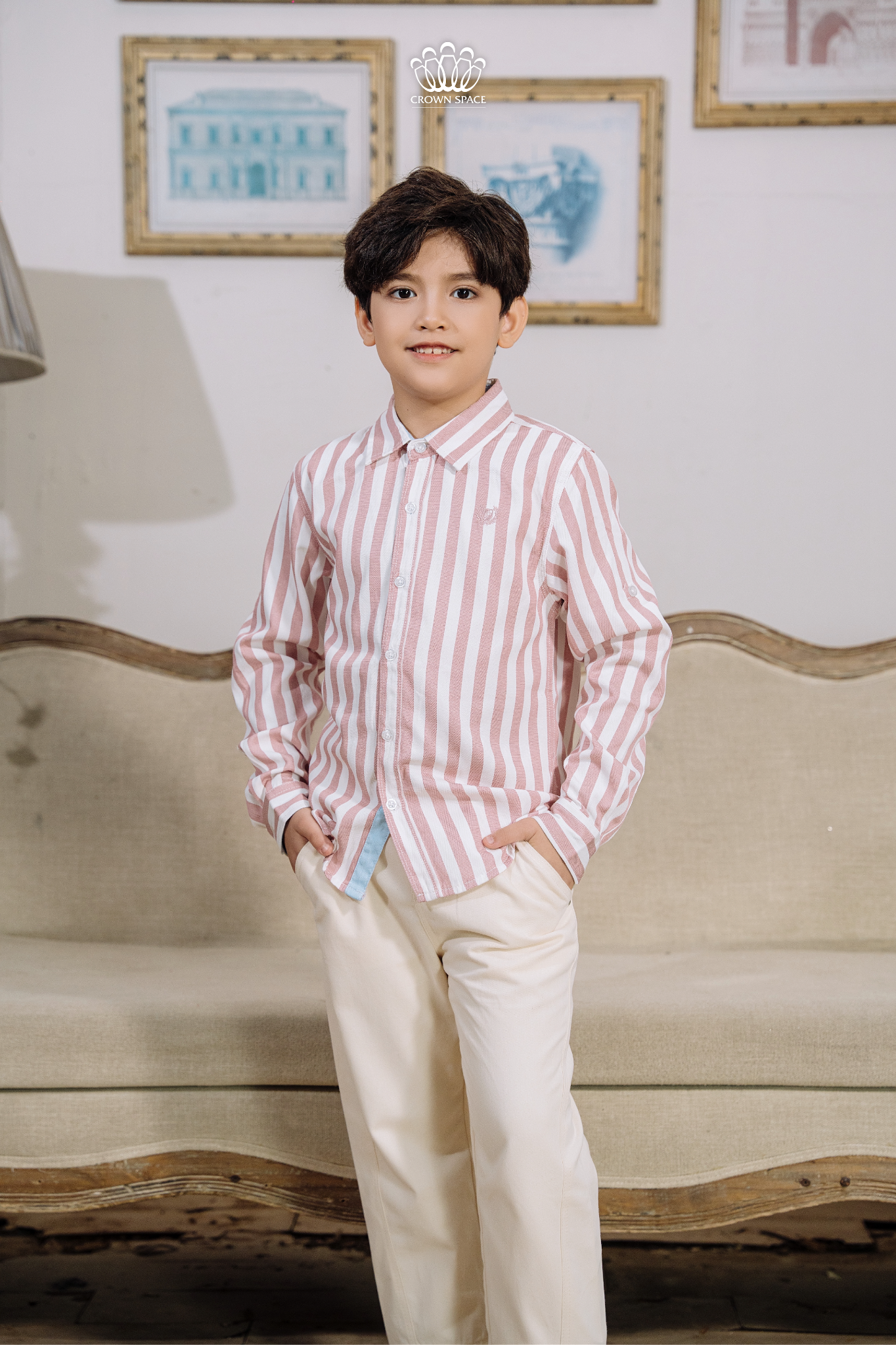  Áo Sơ Mi Bé Trai Cao Cấp Dài Tay Kẻ Sọc Crown Space CKBL52514014 