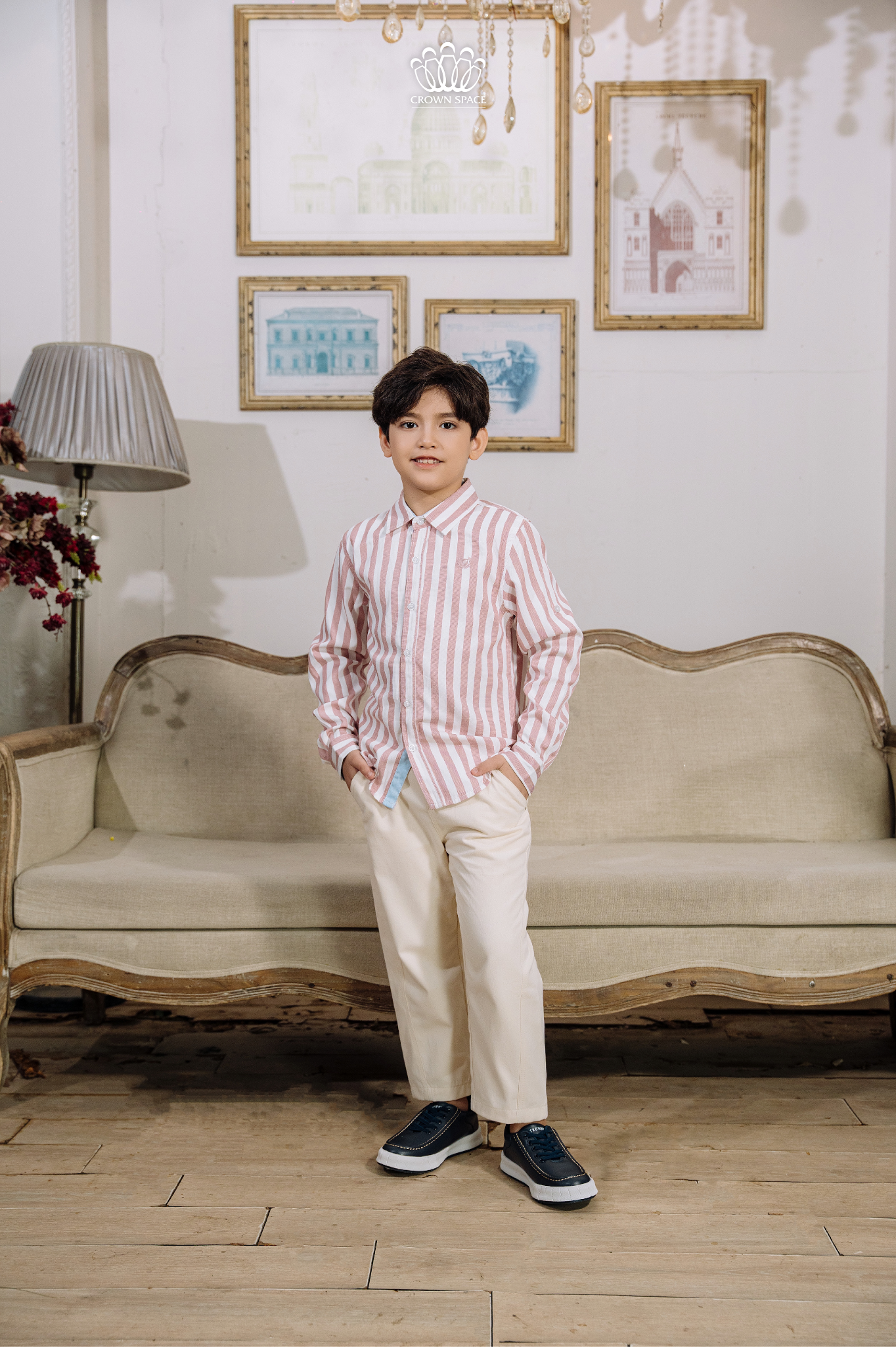  Áo Sơ Mi Bé Trai Cao Cấp Dài Tay Kẻ Sọc Crown Space CKBL52514014 