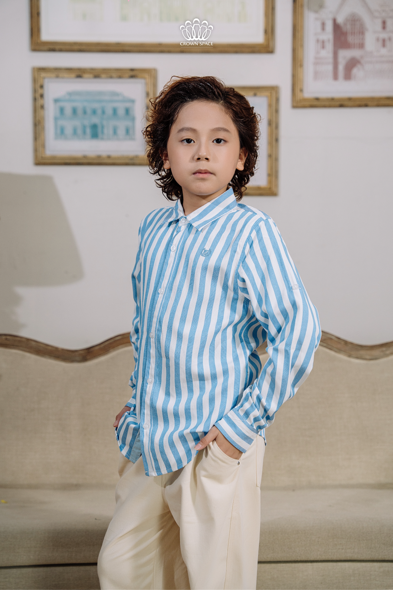  Áo Sơ Mi Bé Trai Cao Cấp Dài Tay Kẻ Sọc Crown Space CKBL52514014 