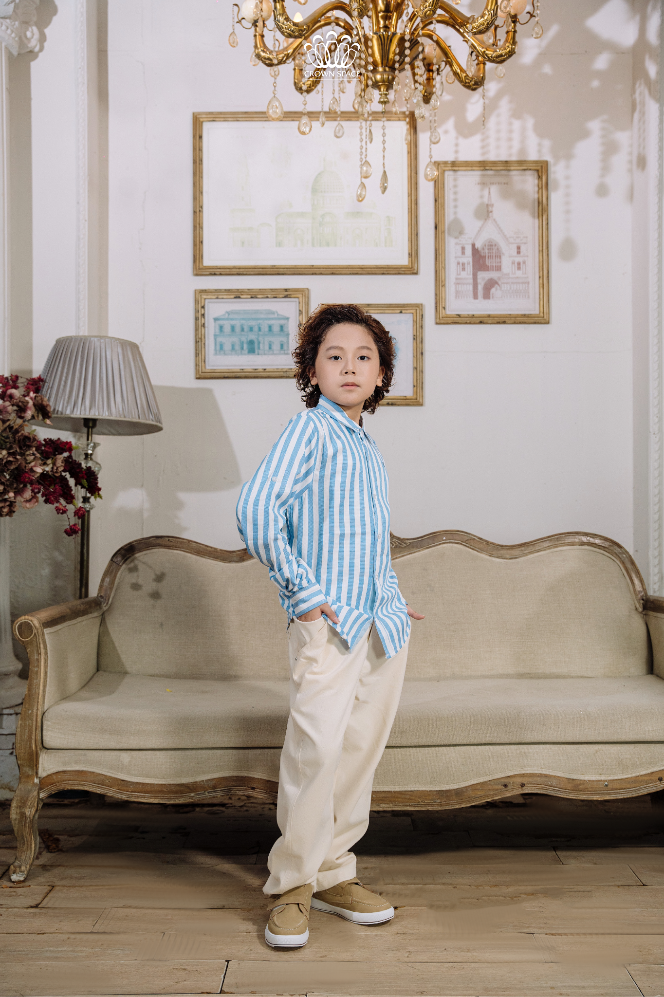  Áo Sơ Mi Bé Trai Cao Cấp Dài Tay Kẻ Sọc Crown Space CKBL52514014 