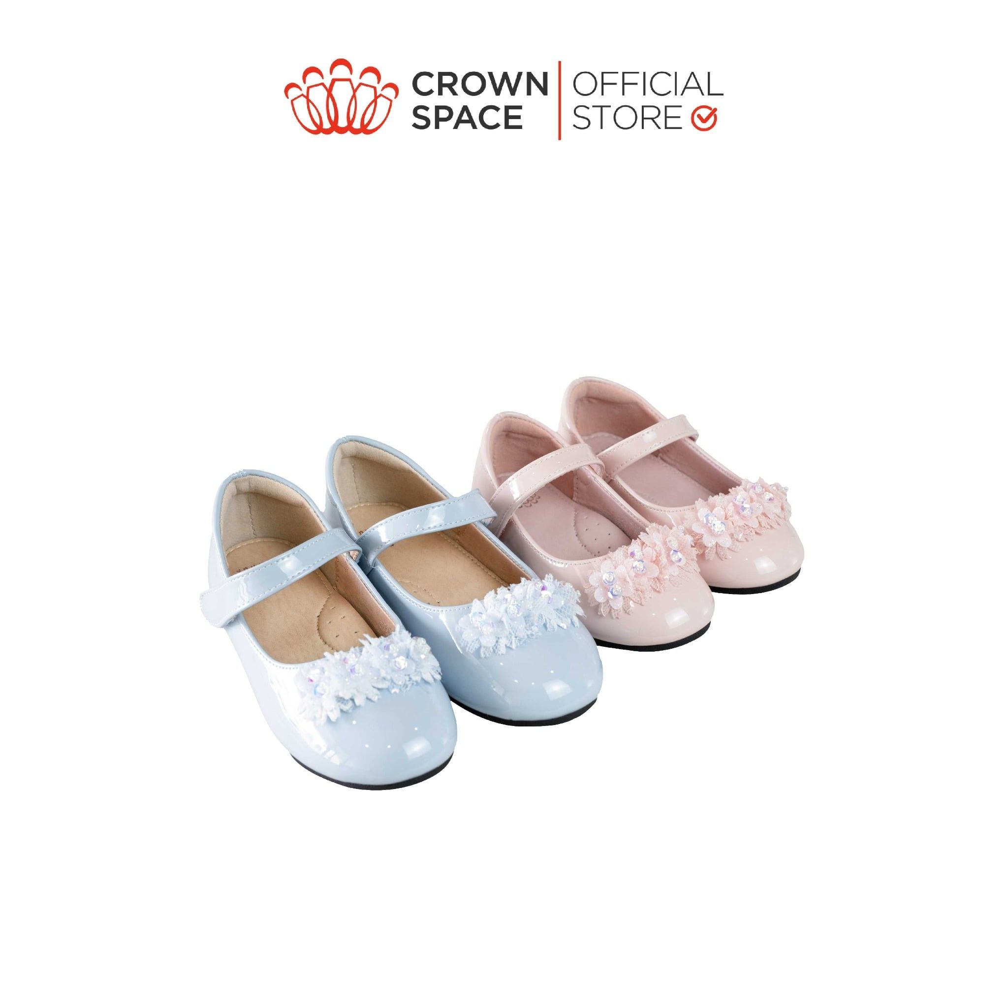  Giày Búp Bê Bé Gái Da Bóng Đính Hoa Pha Lê Lấp Lánh, Êm Chân Chống Bẹt | Crown Space CRUK3169 