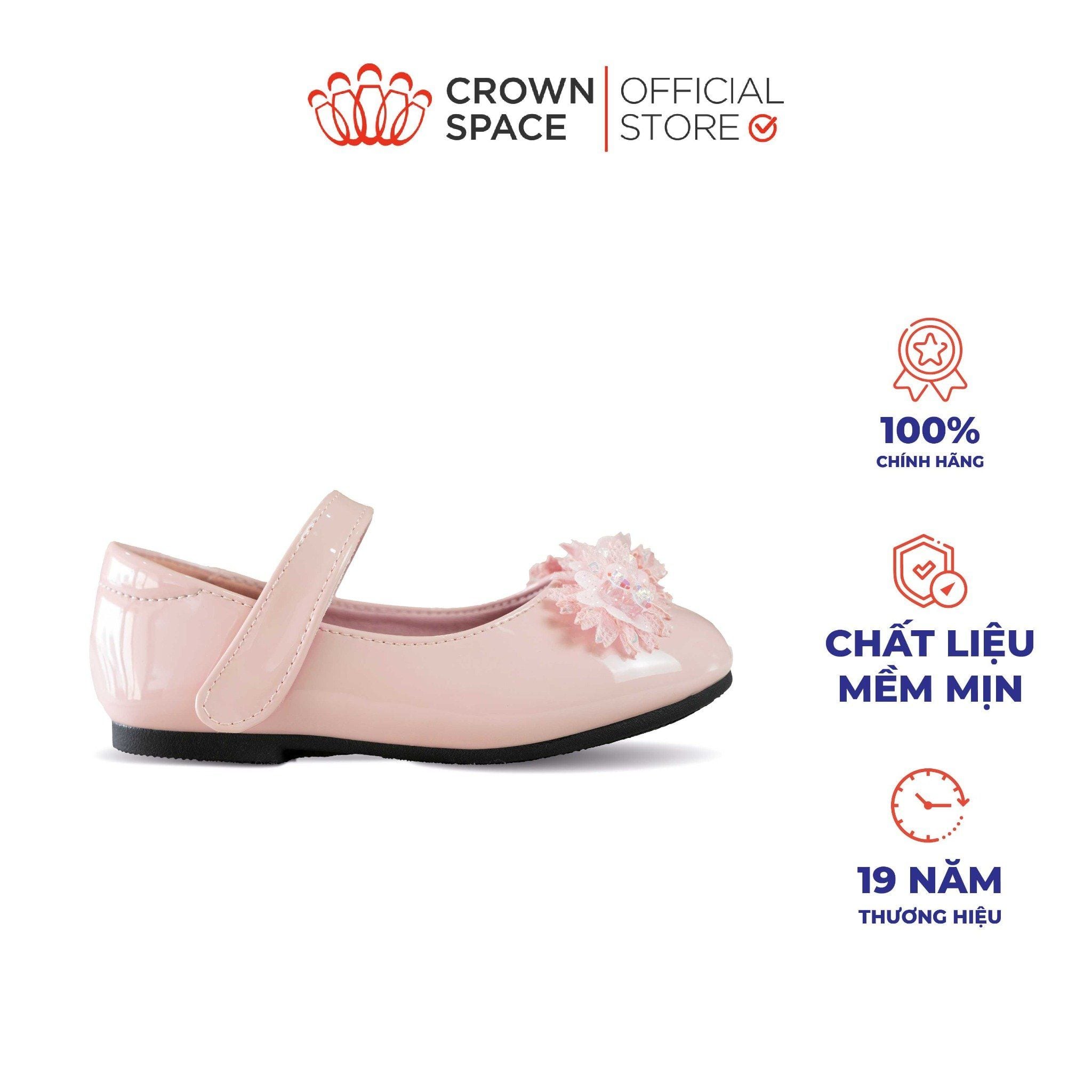  Giày Búp Bê Bé Gái Da Bóng Đính Hoa Pha Lê Lấp Lánh, Êm Chân Chống Bẹt | Crown Space CRUK3169 