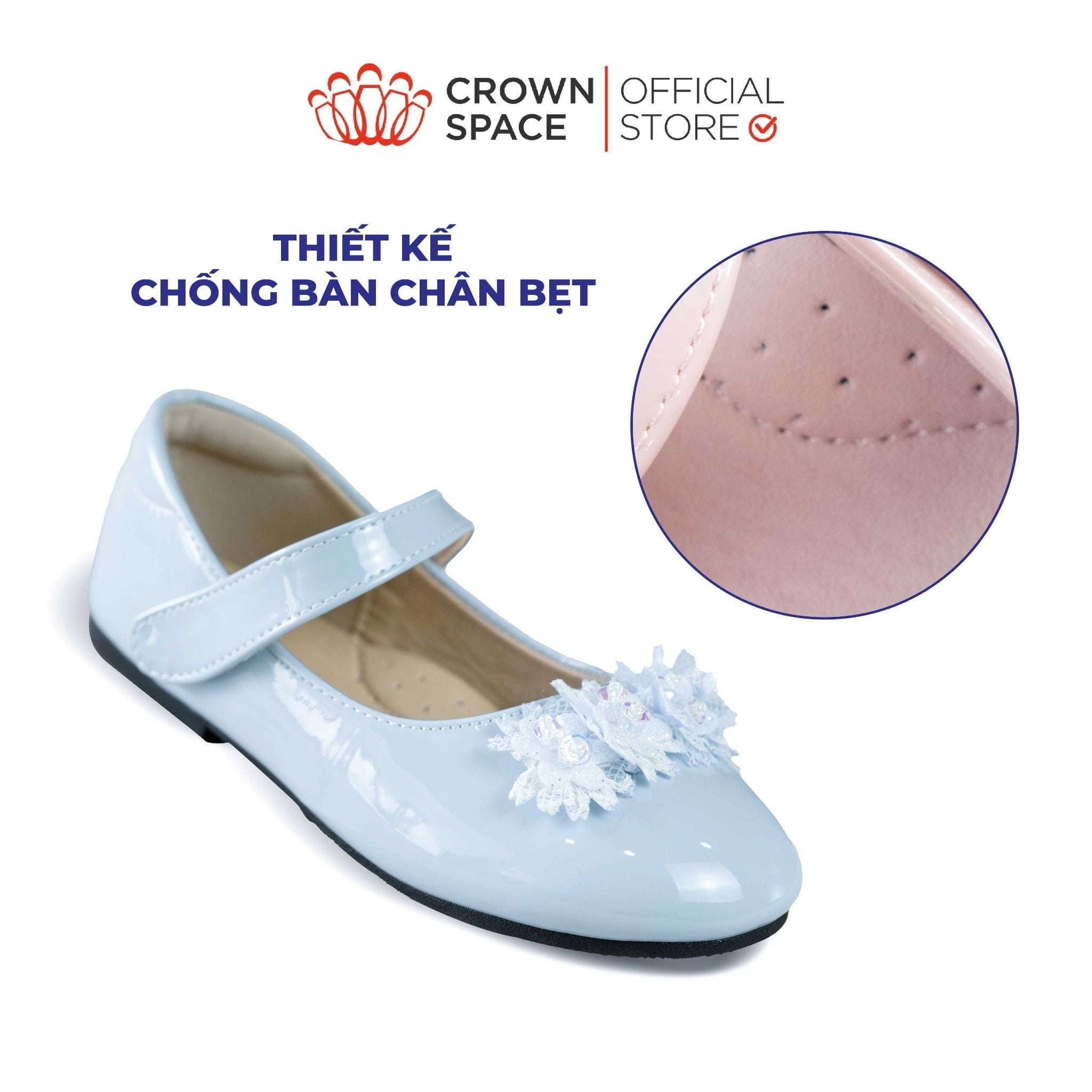  Giày Búp Bê Bé Gái Da Bóng Đính Hoa Pha Lê Lấp Lánh, Êm Chân Chống Bẹt | Crown Space CRUK3169 