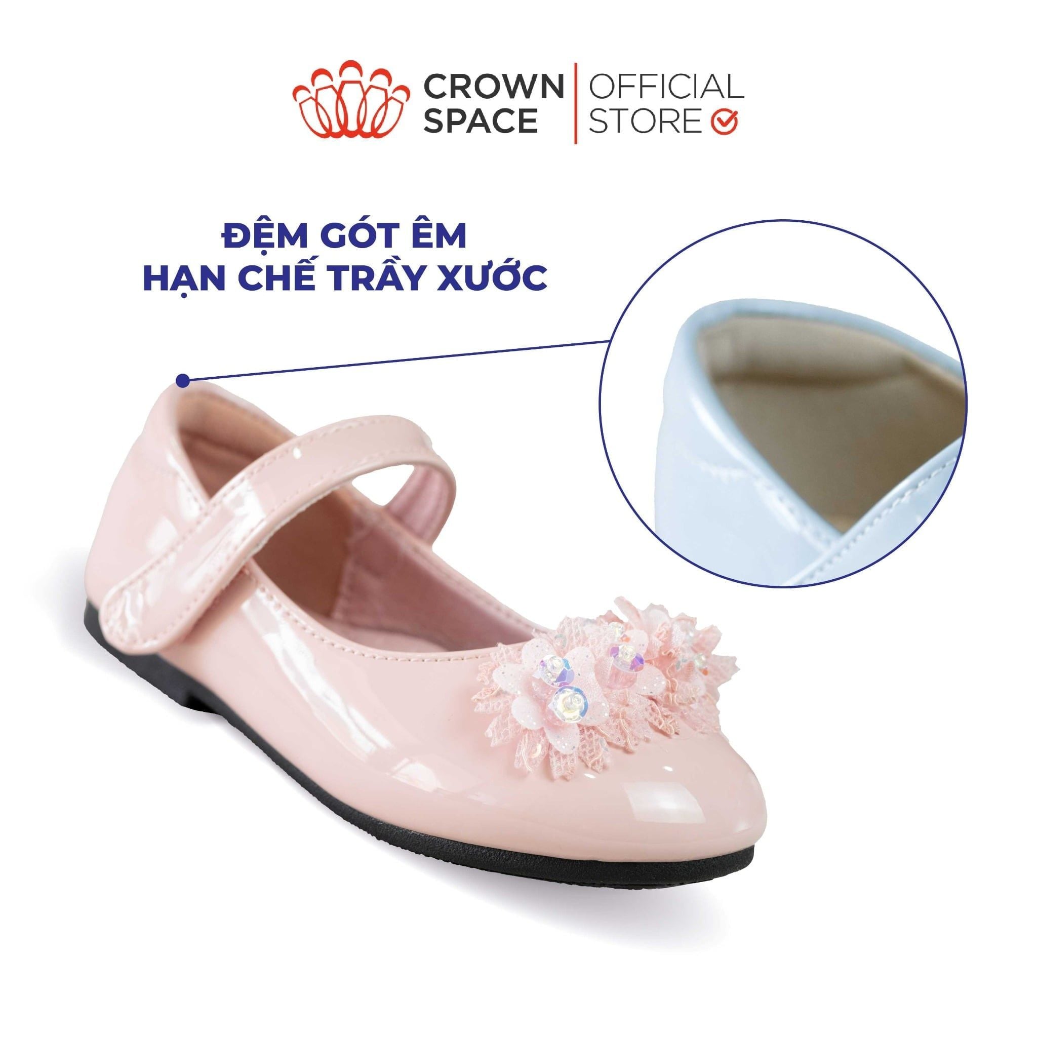  Giày Búp Bê Bé Gái Da Bóng Đính Hoa Pha Lê Lấp Lánh, Êm Chân Chống Bẹt | Crown Space CRUK3169 