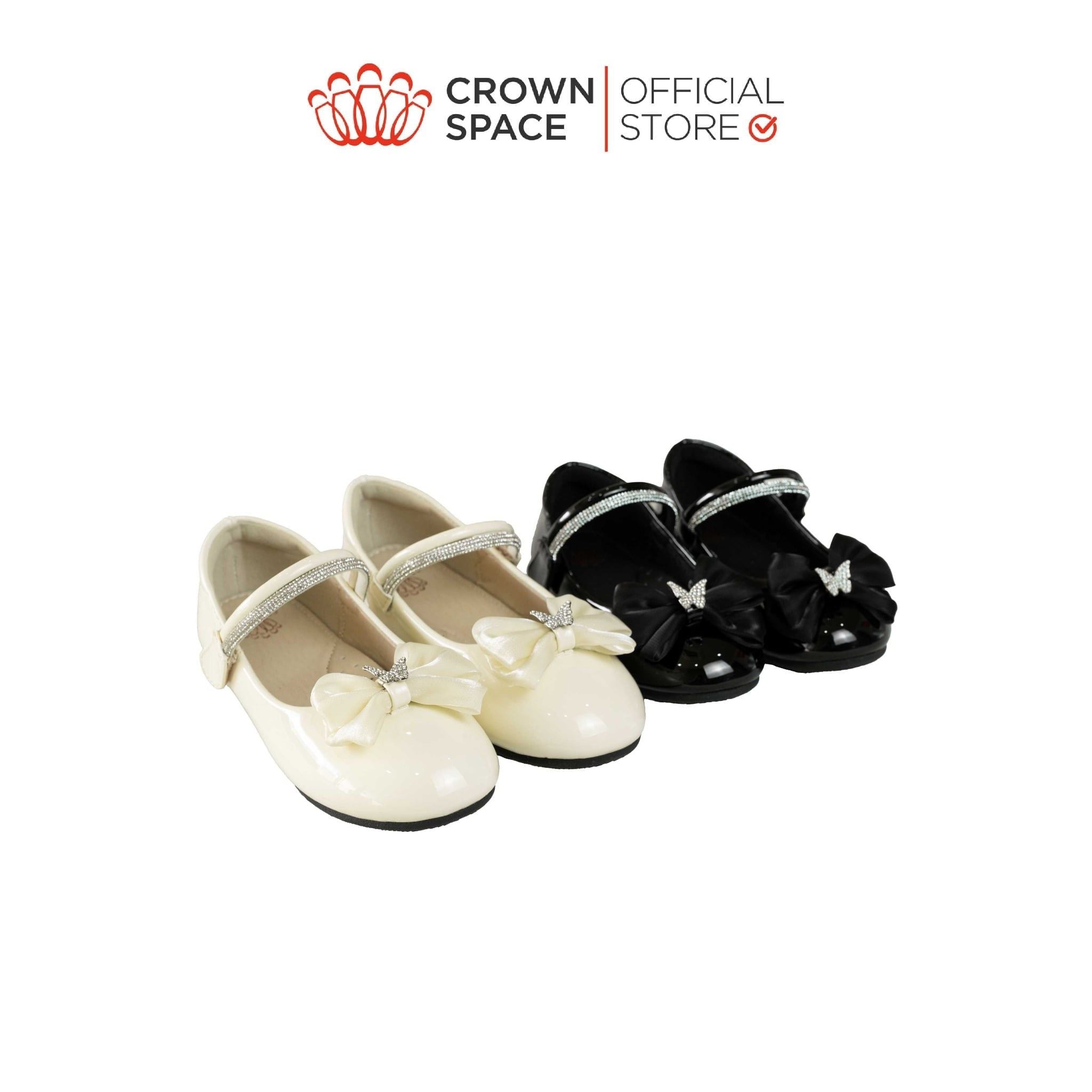  Giày Búp Bê Bé Gái Da Bóng Đính Nơ Bướm Đá Sang Trọng, Êm Chân Chống Bẹt | Crown Space CRUK3168/CRUK3178 