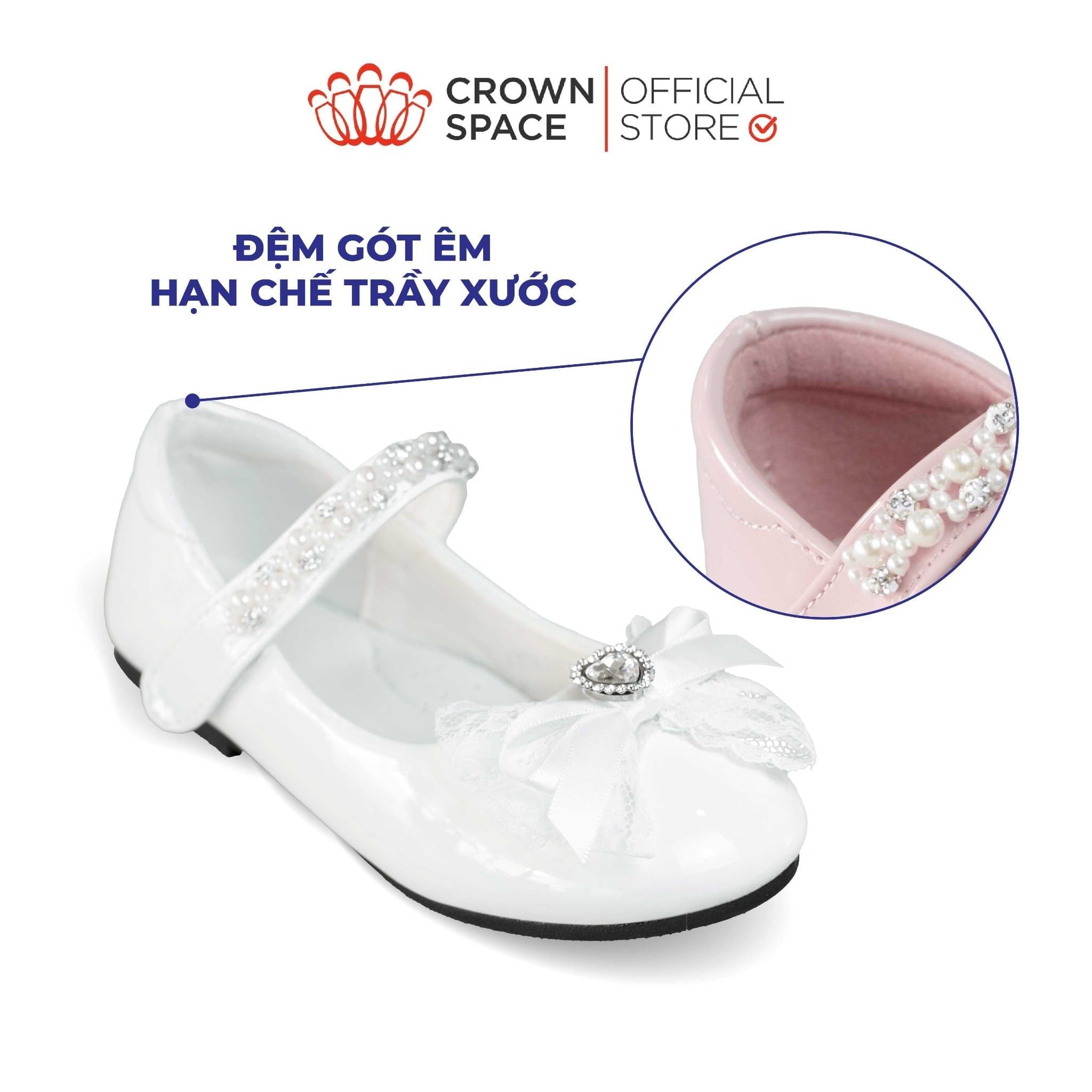  Giày Búp Bê Bé Gái Đính Nơ Ren Ngọc Trai, Êm Chân Chống Bẹt | Crown Space CRUK3180 