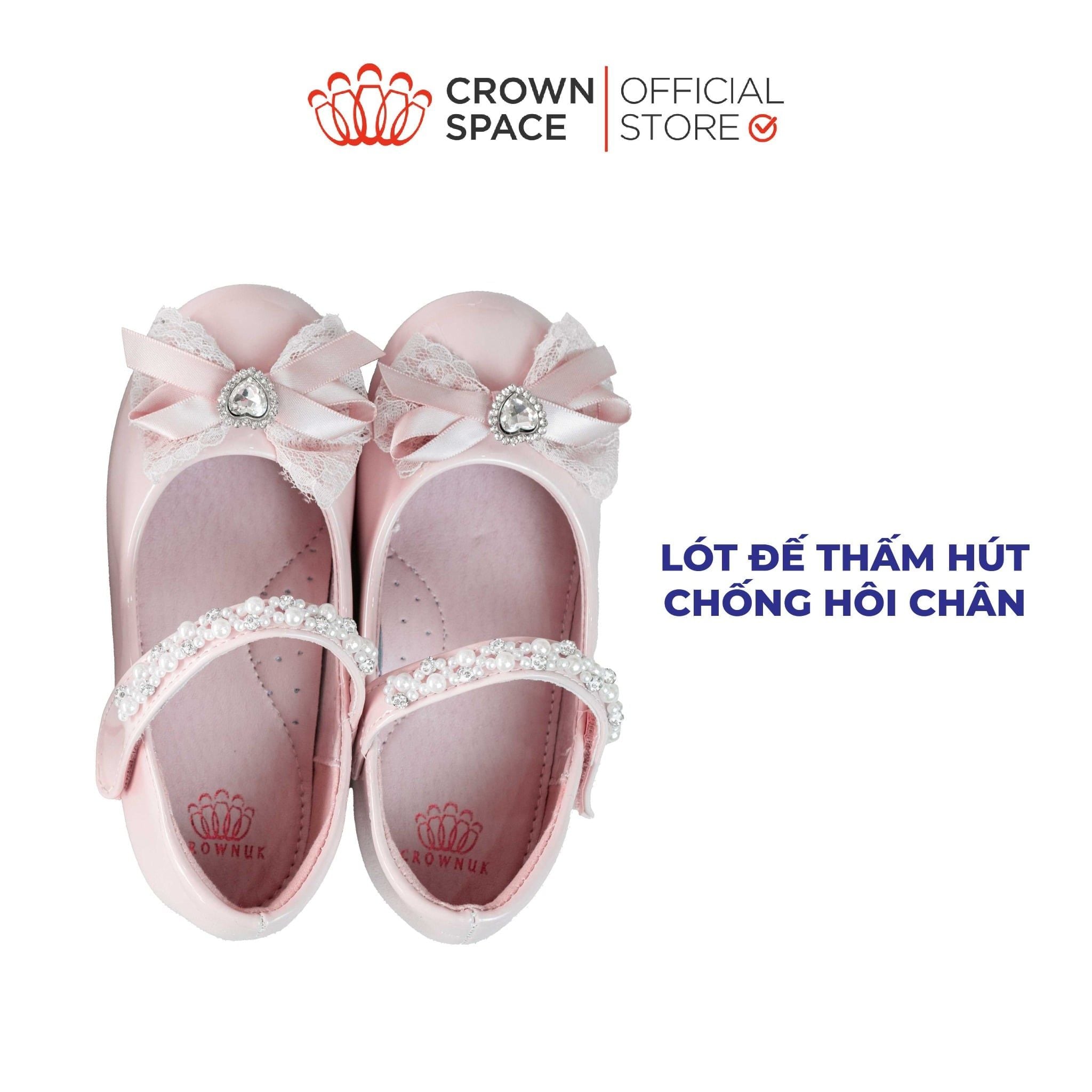  Giày Búp Bê Bé Gái Đính Nơ Ren Ngọc Trai, Êm Chân Chống Bẹt | Crown Space CRUK3180 
