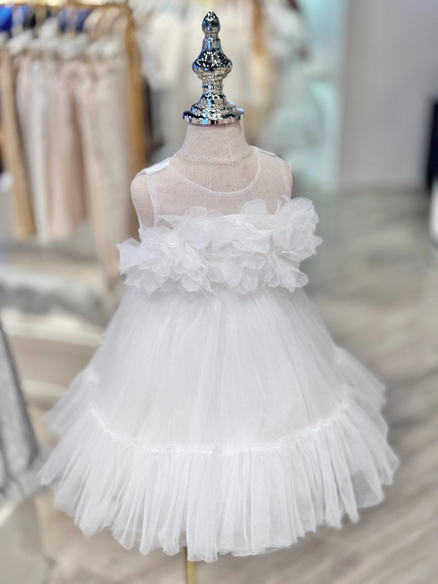  Váy Công Chúa Bé Gái Cao Cấp Hoa 3D 2 Màu Trắng & Xanh Da Trời Nhạt Crown Space CKGS38514011 