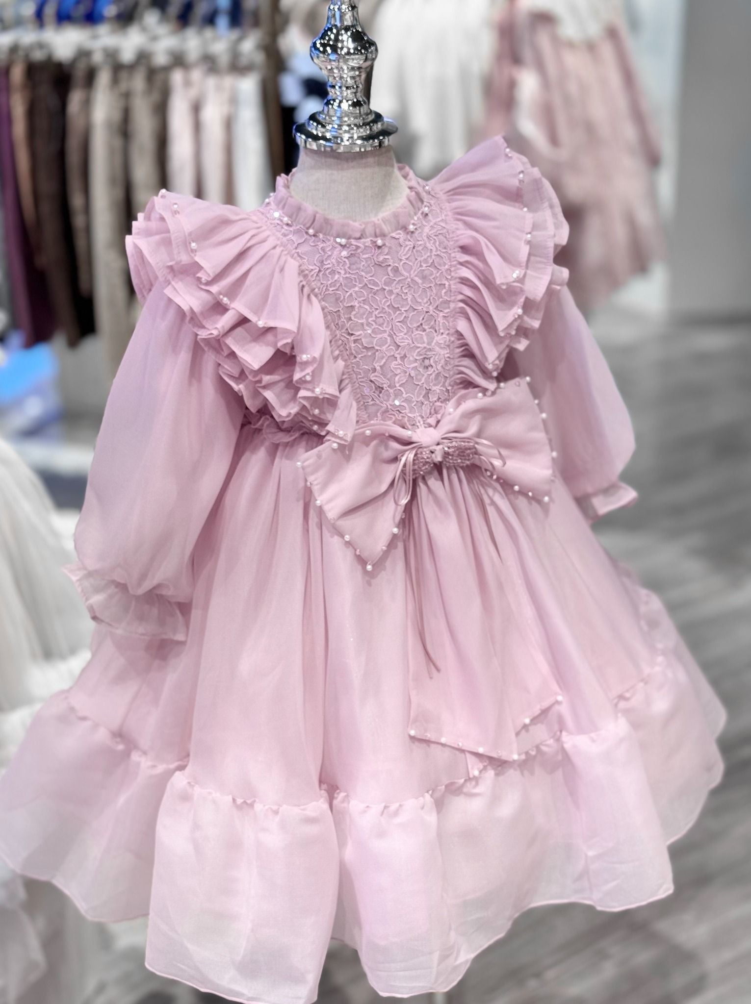  Váy Công Chúa Bé Gái Tím Pastel Nhún Bèo Vai Phối Nơ Duyên Dáng Crown Space CKGL38514016 