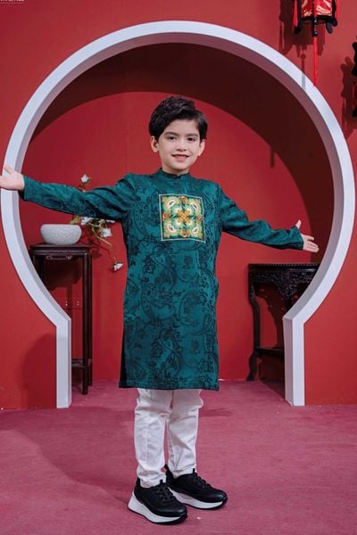  Áo Dài Gấm Hoa Bé Trai Xanh Ngọc Cao Cấp, Cách Tân, Sang Trọng | Crown Space CKBL9942003 