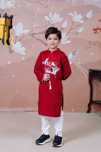  Áo Dài Cách Tân Bé Trai Vải Gấm Thêu Hạc Phú Quý | Crown Space CKBL9942001 