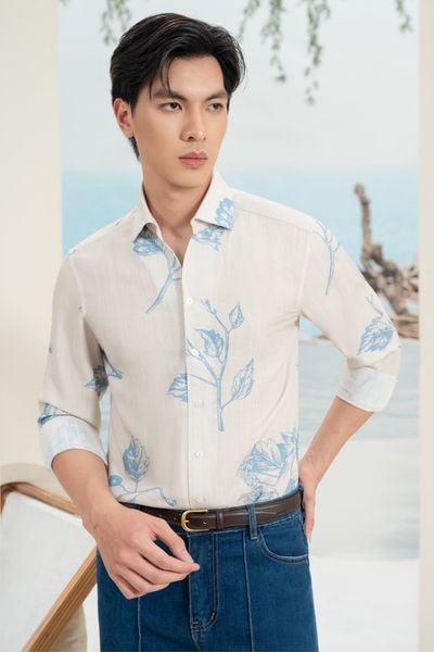 Sơ mi xanh dương họa tiết lá cây SMC213