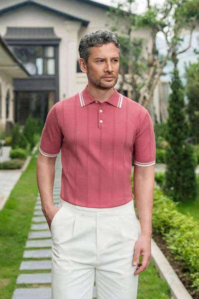 Áo mongtoghi màu hồng, kẻ trắng viền cổ và tay AP441