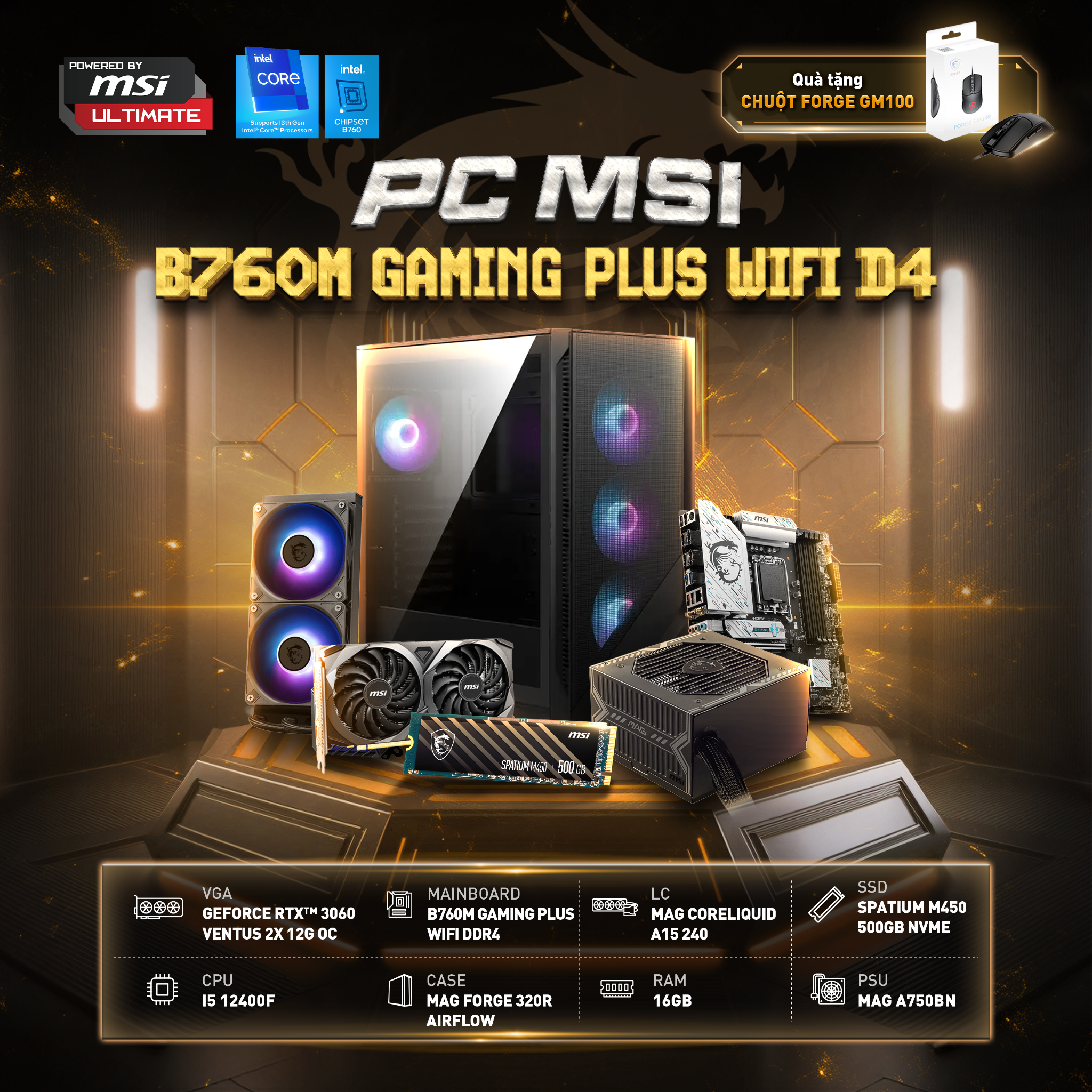 BỘ PC FULL MSI INTEL CORE I5 12400F B760M MSI 16GB 3200MHZ RTX