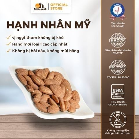  Hạnh Nhân Mỹ Rang Bơ Oh Smile Nuts túi in 50g – Thơm giòn, béo bùi, ăn vặt tiện lợi 