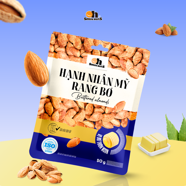 Hạnh Nhân Mỹ Rang Bơ Oh Smile Nuts túi in 50g – Thơm giòn, béo bùi, ăn vặt tiện lợi