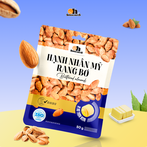  Hạnh Nhân Mỹ Rang Bơ Oh Smile Nuts túi in 50g – Thơm giòn, béo bùi, ăn vặt tiện lợi 