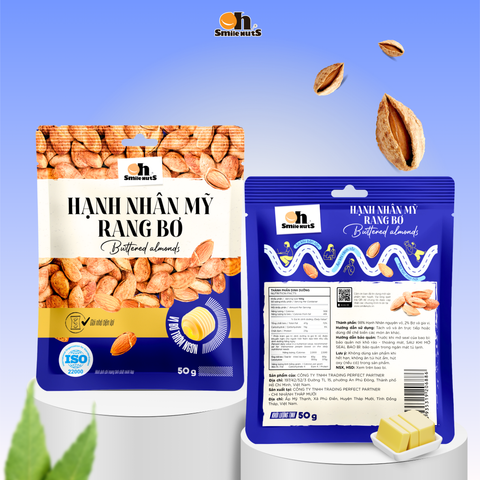  Hạnh Nhân Mỹ Rang Bơ Oh Smile Nuts túi in 50g – Thơm giòn, béo bùi, ăn vặt tiện lợi 