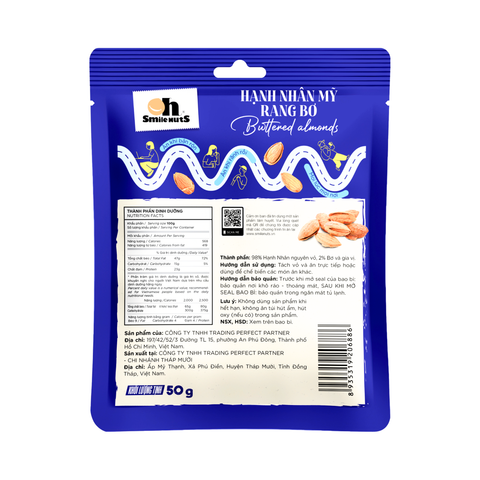  Hạnh Nhân Mỹ Rang Bơ Oh Smile Nuts túi in 50g – Thơm giòn, béo bùi, ăn vặt tiện lợi 