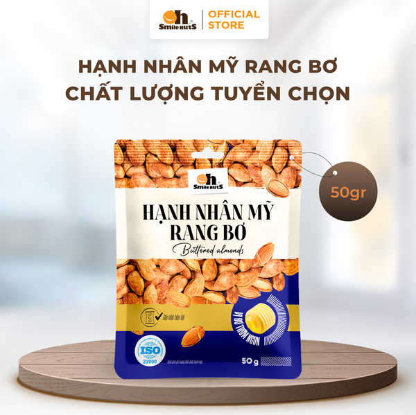 Hạnh Nhân Mỹ Rang Bơ Oh Smile Nuts túi in 50g – Thơm giòn, béo bùi, ăn vặt tiện lợi