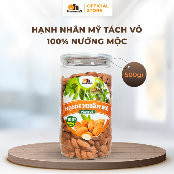 Hạnh Nhân Mỹ Tách Vỏ Nướng Mộc - Hũ nhựa 500g - Oh Smile Nuts