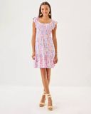 Đầm Lilly Pulitzer Jilly Smocked Dress dành cho Nữ. Ngắn xoè trắng hoạ tiết nhí hồng. 
