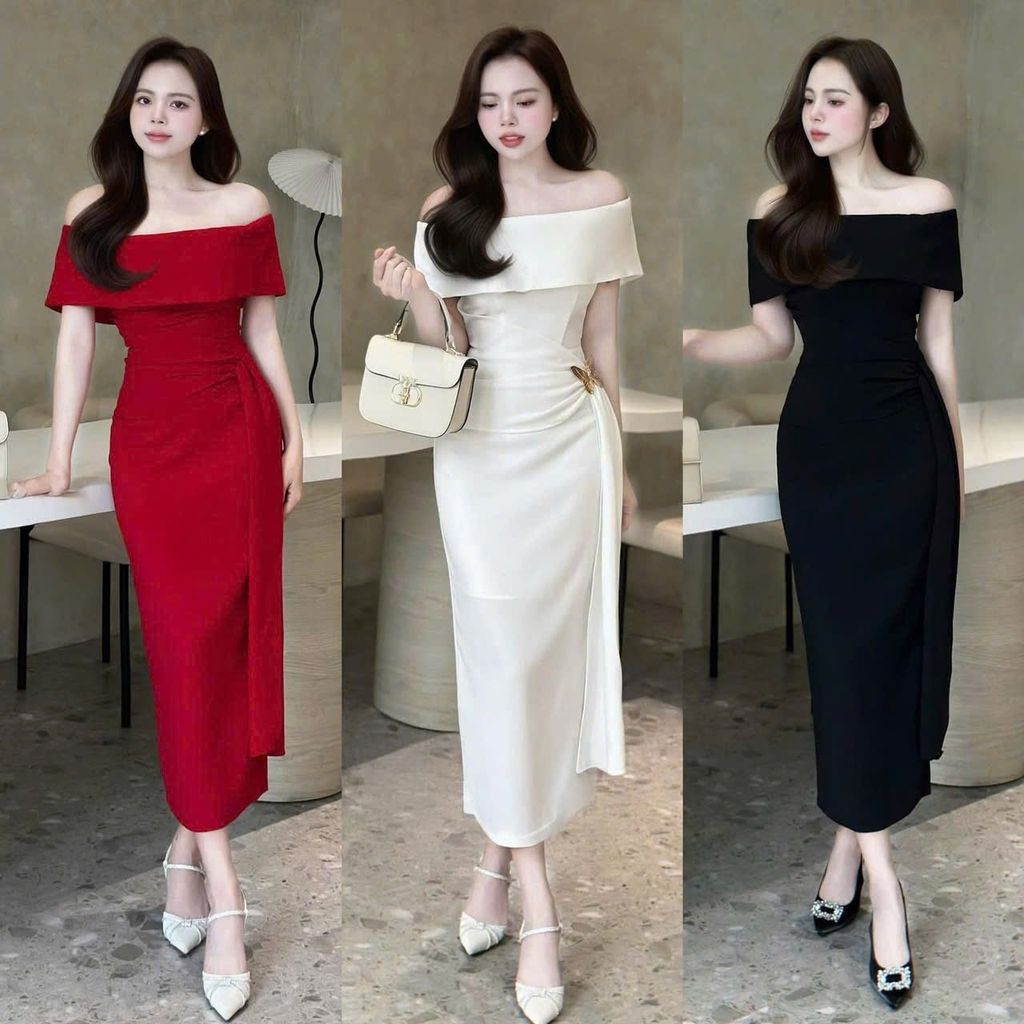 TB8994 ĐẦM BẸT VAI EO PHỐI TAG BƯỚM (ĐỎ)