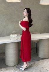 TB8994 ĐẦM BẸT VAI EO PHỐI TAG BƯỚM (ĐỎ)