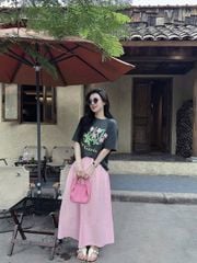 SKY8955 SET ÁO THUN IN BÔNG HOA, CV DÀI HỒNG