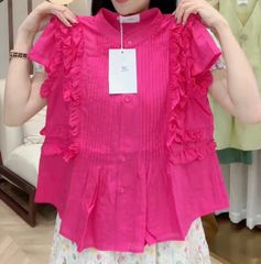 OAK0096 Set áo xếp li ngực viền bèo, Cváy ngắn (Hồng Sen)