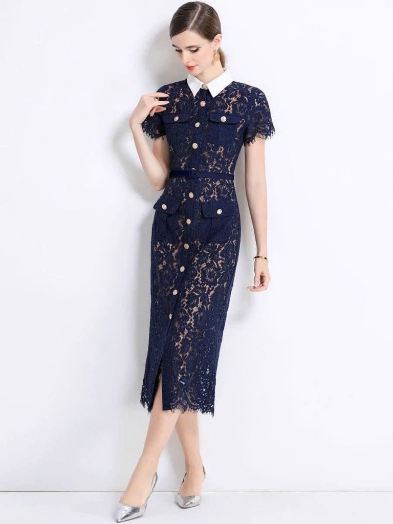 TB9062 ĐẦM REN HOA PHỐI NÚT CC + NỊT (X.ĐEN)