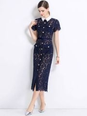 TB9062 ĐẦM REN HOA PHỐI NÚT CC + NỊT (X.ĐEN)