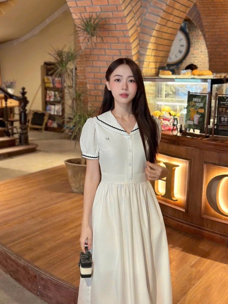 TB5859 ĐẦM KEM TAY BÍ PHỐI VIỀN + TAG NƠ