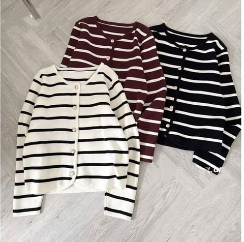 LEN4065 CARDIGAN LEN SỌC NÚT ĐỒNG (KEM)
