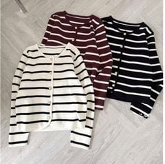 LEN4065 CARDIGAN LEN SỌC NÚT ĐỒNG (KEM)